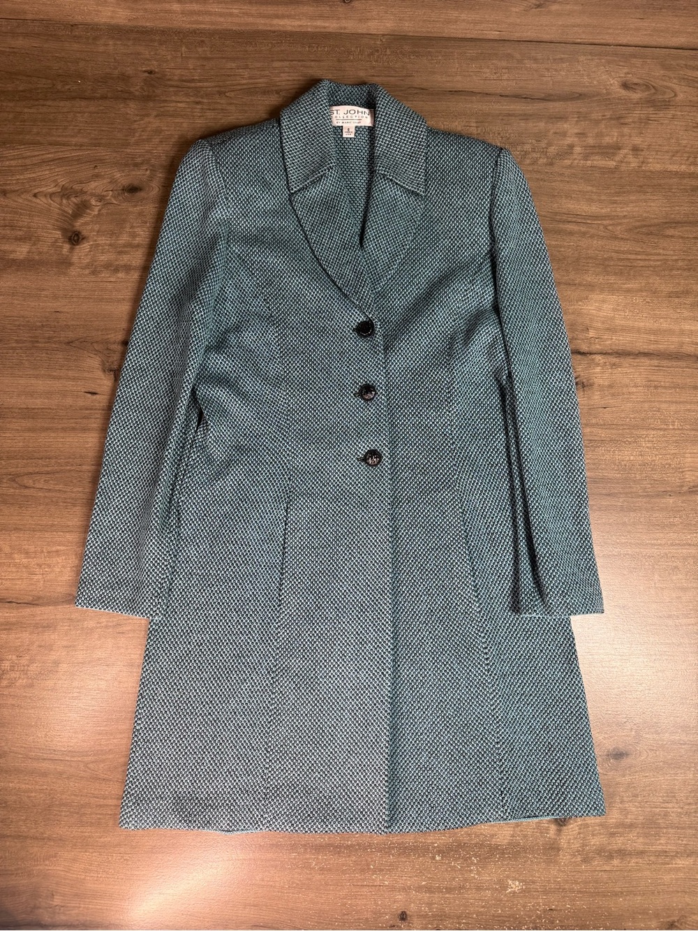 Vintage St John Collection Marie Gray Women Long Knit Coat Blazer Blue Black 6